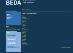 Captura del website de BEDA de 2008, mostrando la ficha de Spanish Designers
